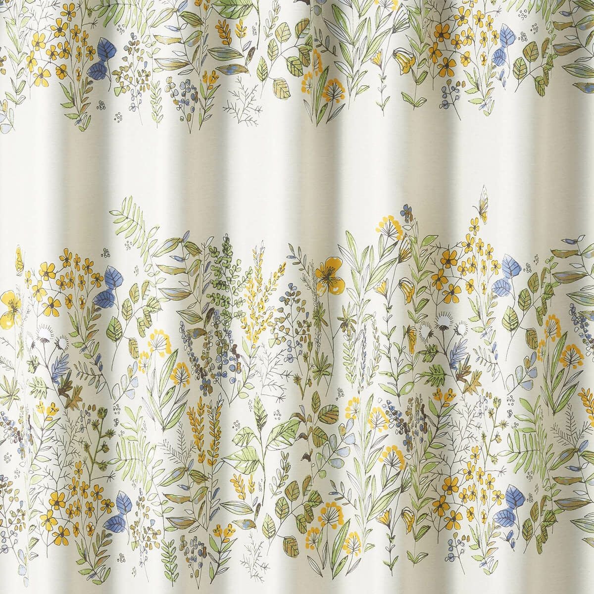 小花や蝶で大胆に構成したボーダー柄北欧風2級遮光カーテン フルール